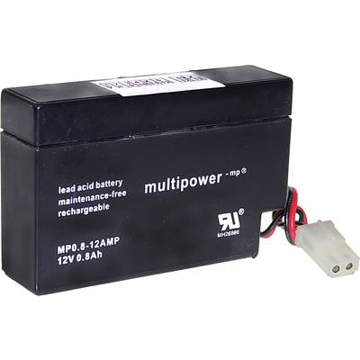 Černá bezúdržbová olověná baterie značky 'multipower', 12V 0,8Ah, s připojeným kabelem.