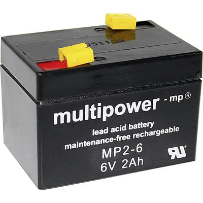 Černý olověný akumulátor s žlutými svorkami a nápisem 'multipower - mp, 6V 2Ah', vhodný jako bezúdržbová baterie.