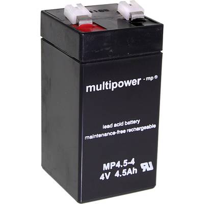 Černá, dobíjecí olověná baterie s nápisem 'multipower mp, bezúdržbová, MP4.5-4 4V 4.5Ah'.
