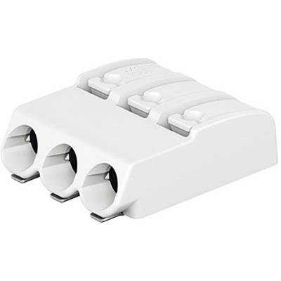 Tři bílé elektrické konektory ležící vedle sebe, vhodné pro propojení kabelů v elektrických instalacích.