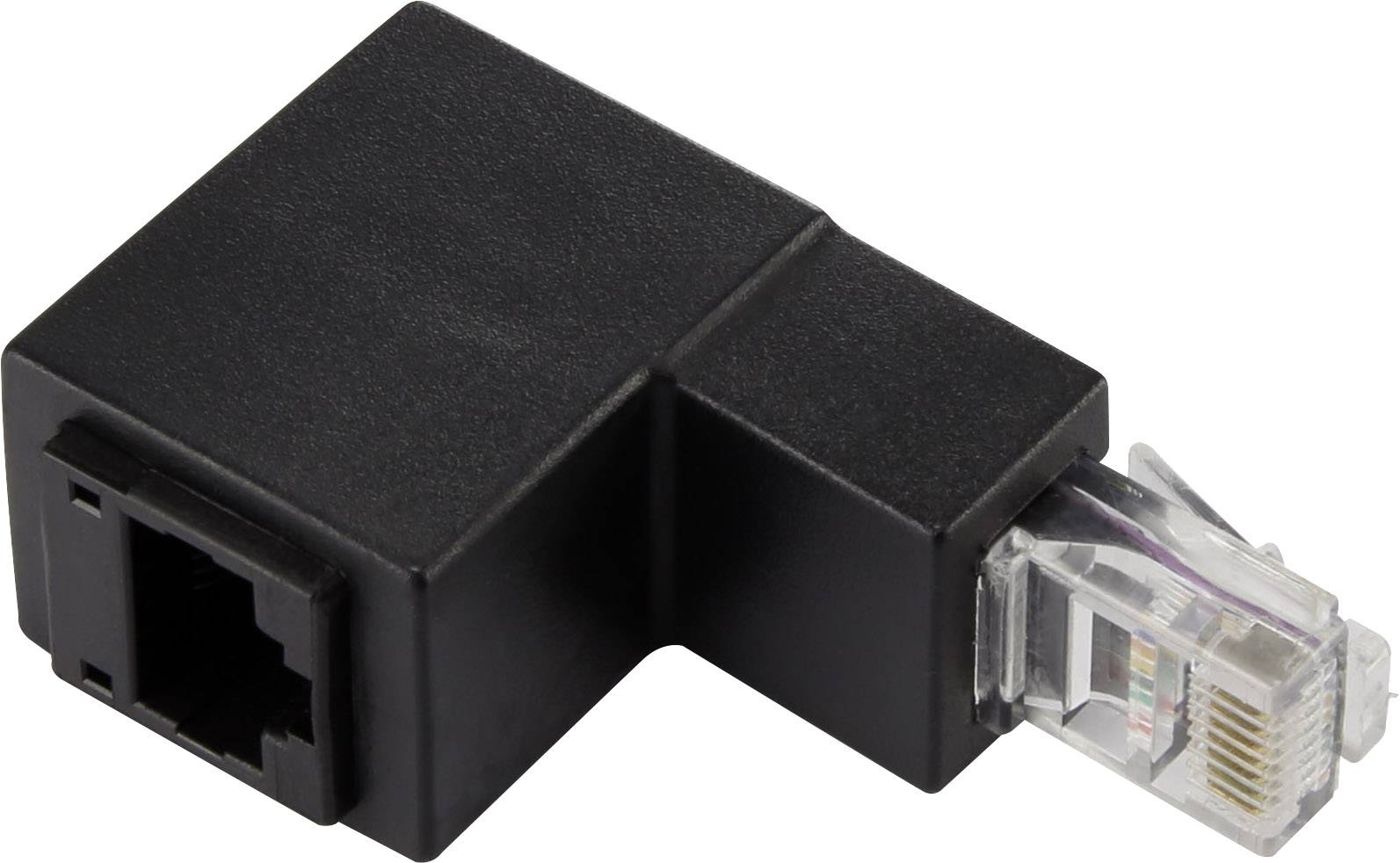 Černý ethernetový úhlový adaptér s RJ45 zástrčkou a RJ45 zásuvkou pro propojení síťových kabelů v těsných prostorech.