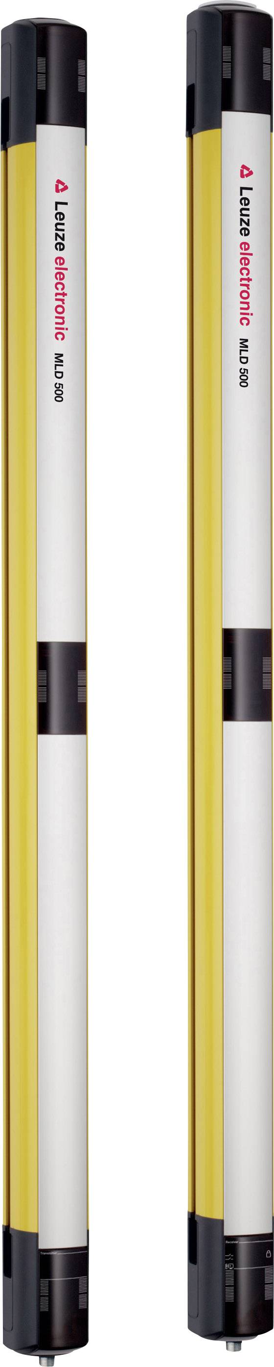 Světelná clona se žlutým krytem a černými konci, označená jako Leuze electronic; slouží k bezpečnostnímu zajištění a monitorování strojních oblastí.