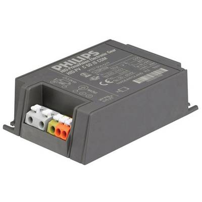 Elektronický předřadník od Philips s několika připojovacími svorkami, vhodný pro výbojkové lampy HID, modelové číslo CE 50 IS CDM.