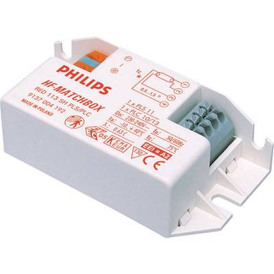Elektronický předřadník Philips, model HF-Matchbox, bílé provedení, s přípojkami a barevnými připojovacími svorkami.