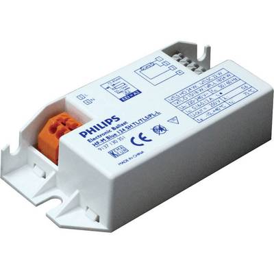 Elektronický předřadník Philips, obdélníkové zařízení s vytištěnými technickými údaji, viditelné připojovací svorky, bílé pouzdro.