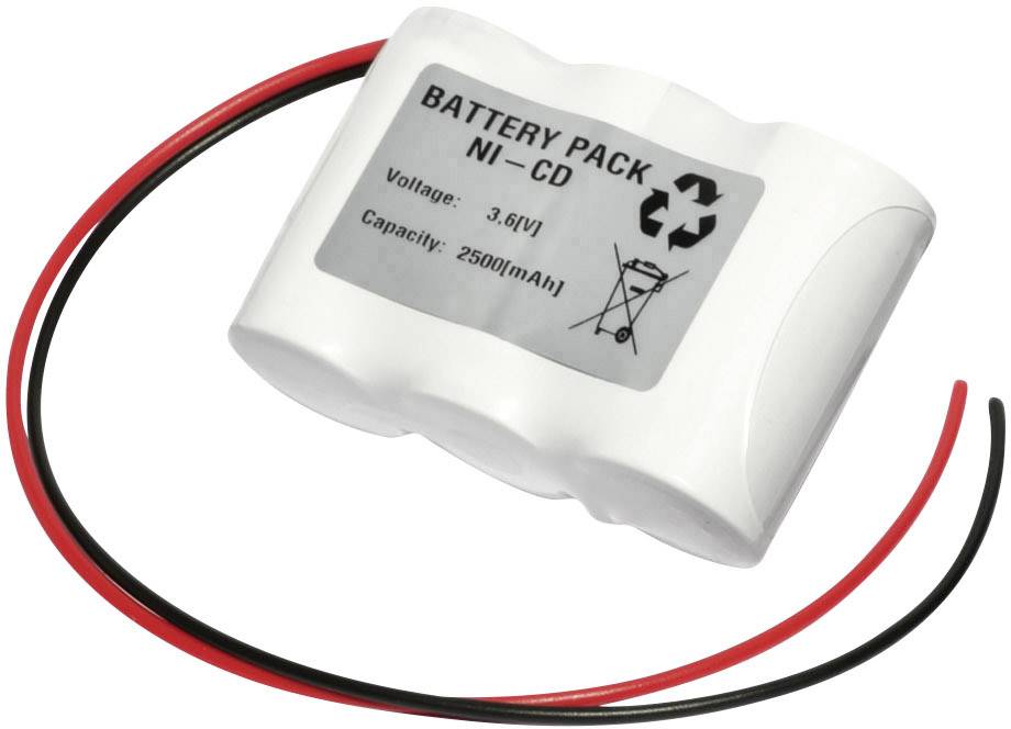 Bílý akumulátorový pack Ni-Cd s černým a červeným kabelem. Štítek uvádí: napětí 3,6V, kapacita 2500mAh, symbol recyklace.