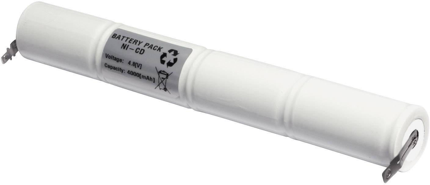 Válcový akumulátor s nápisem 'Battery Pack NI-CD'. Napětí: 4,8 V. Kapacita: 4000 mAh. Symbol pro třídění odpadu.
