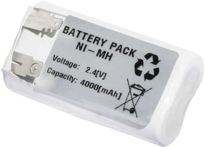 Dobíjecí NiMH akumulátorový pack s kapacitou 4000 mAh a napětím 2,4 V. Jsou zde vyobrazeny symboly recyklace a likvidace.