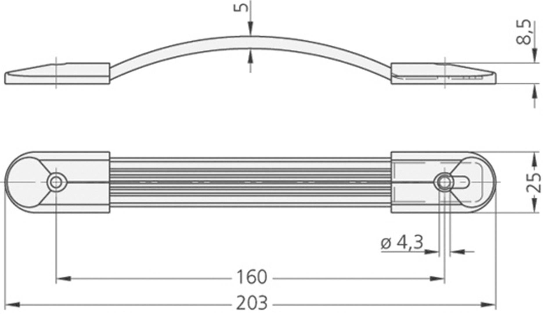 Technický výkres rukojeti: Nahoře boční pohled s křivkou, dole pohled shora s rozměry 160 mm a 203 mm.