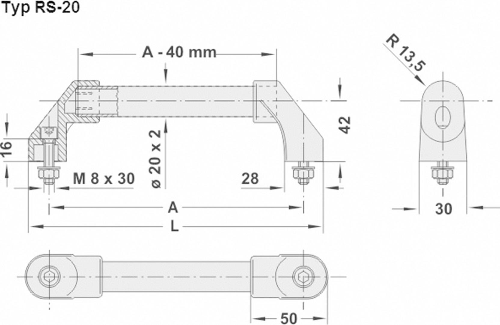 Technický výkres „Typ RS-20": rozměry a upevňovací detaily kovového třmenu, včetně velikosti šroubu M 8 x 30, délka 50 mm.