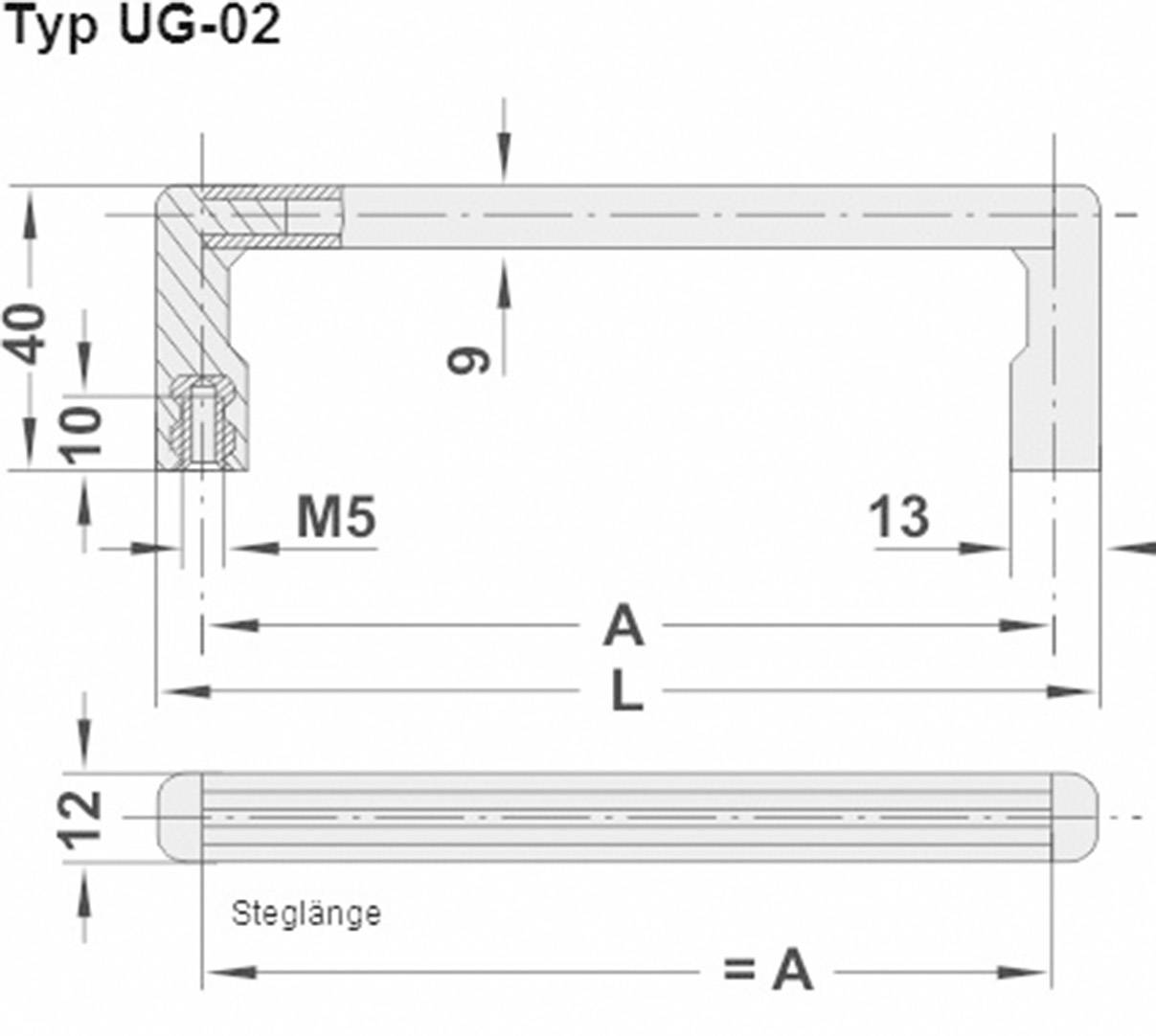Technický výkres rukojeti typu UG-02, s rozměry v milimetrech: M5 hřídel, výška 40 mm, šířka 12 mm, délka mezery variabilní.