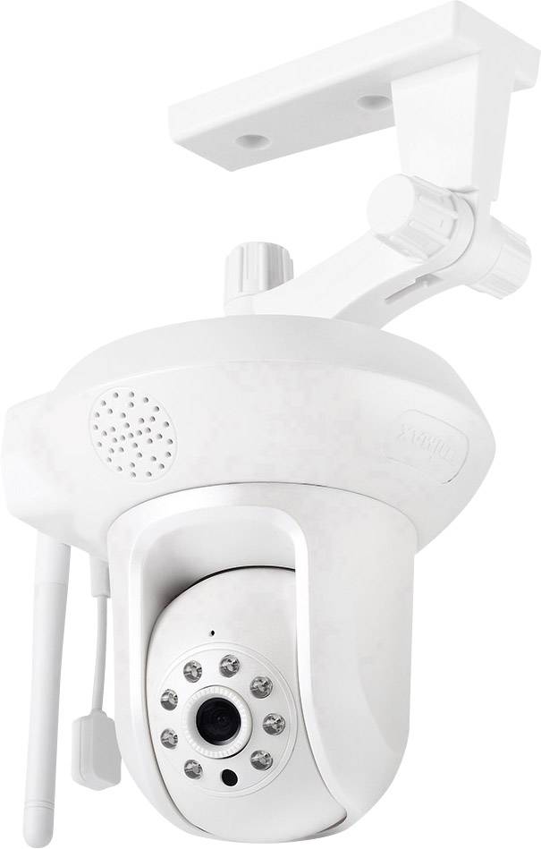 Bílá bezpečnostní kamera s několika infračervenými LED diodami a anténou, umístěná na nastavitelném držáku.