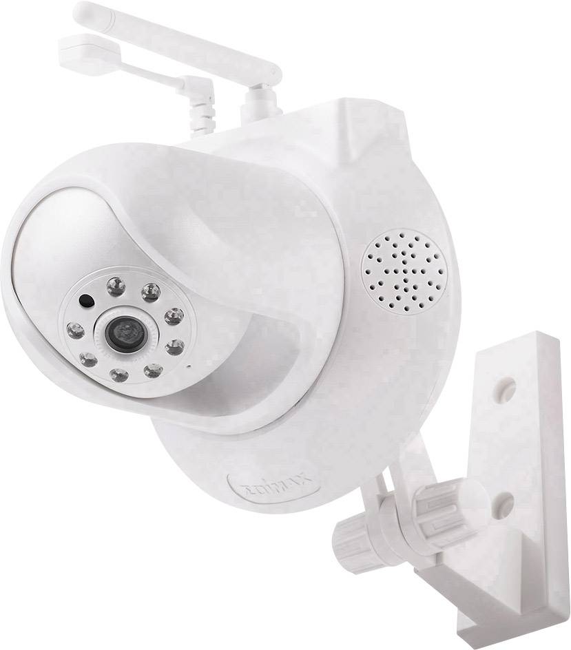 Bílá bezpečnostní kamera s anténami a LED diodami je připevněna na nástěnném držáku.