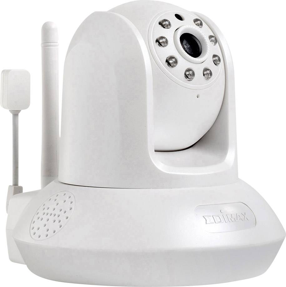 Bílá otočná bezpečnostní kamera s anténou a viditelným logem výrobce. Je vybavena infračervenými LED diodami.