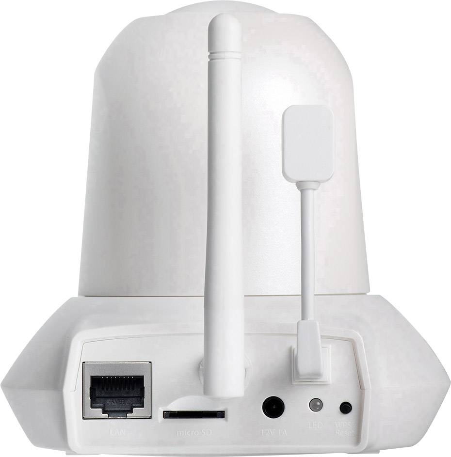 Bílý zadní panel chytré kamery s ethernetovým portem, slotem na microSD kartu, 12V připojením a vestavěnou anténou.