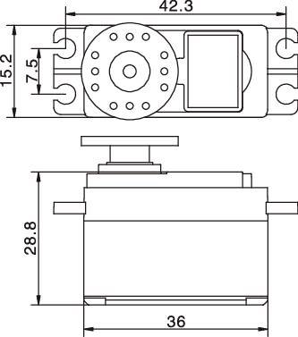 'Technický výkres servomotoru ve dvou pohledech: shora s rozměry 42,3 mm x 16,2 mm, z boku 36 mm x 28,8 mm.'