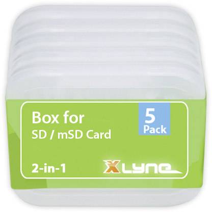Transparentní plastový box pro uchovávání SD/mSD karet, sada 5 kusů, se zelenou etiketou a označením '2-in-1'.
