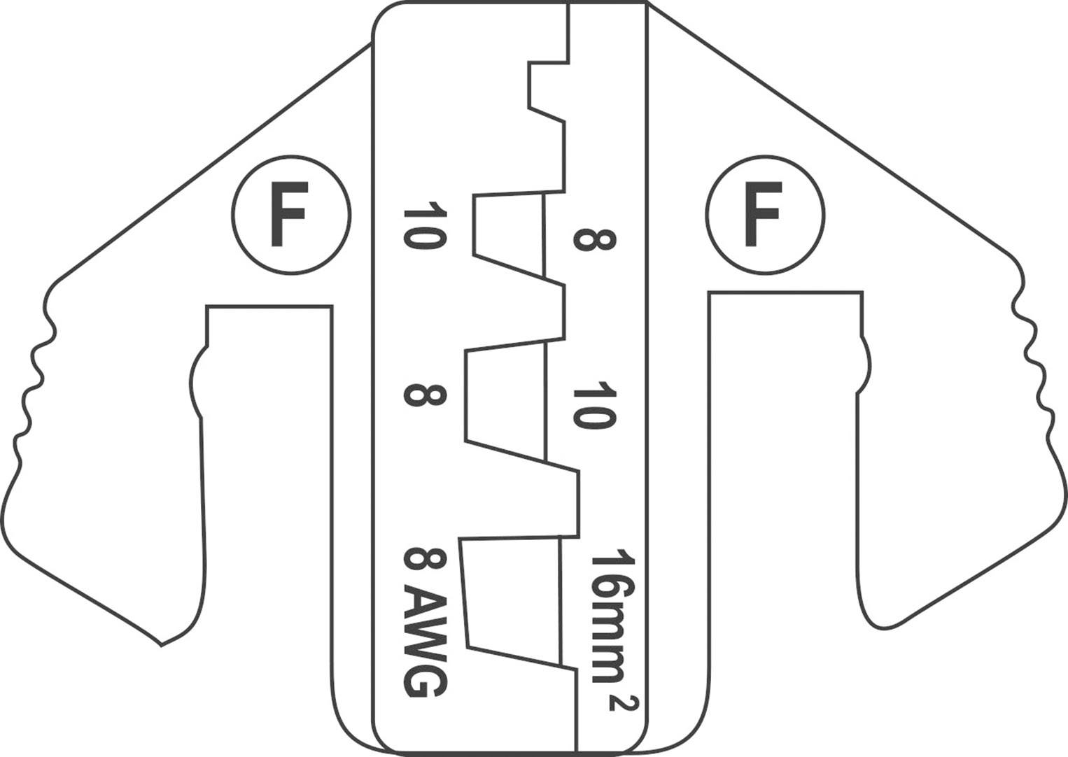 Obrázek nástroje pro odstraňování izolace. Zobrazuje rozměry pro 10 AWG, 8 AWG a 16 mm² pro úpravu kabelu.