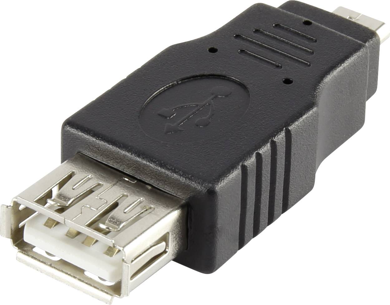 Černý USB adaptér s USB-A konektorem na jedné straně a micro-USB konektorem na straně druhé.
