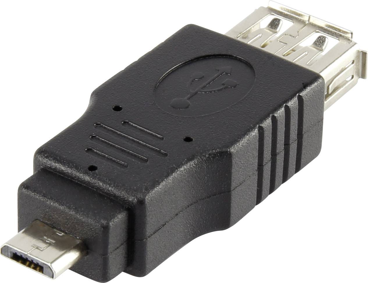 USB Adaptér: Černý adaptér s mikroUSB zástrčkou a USB zdířkou, umožňuje připojení mezi různými USB zařízeními.
