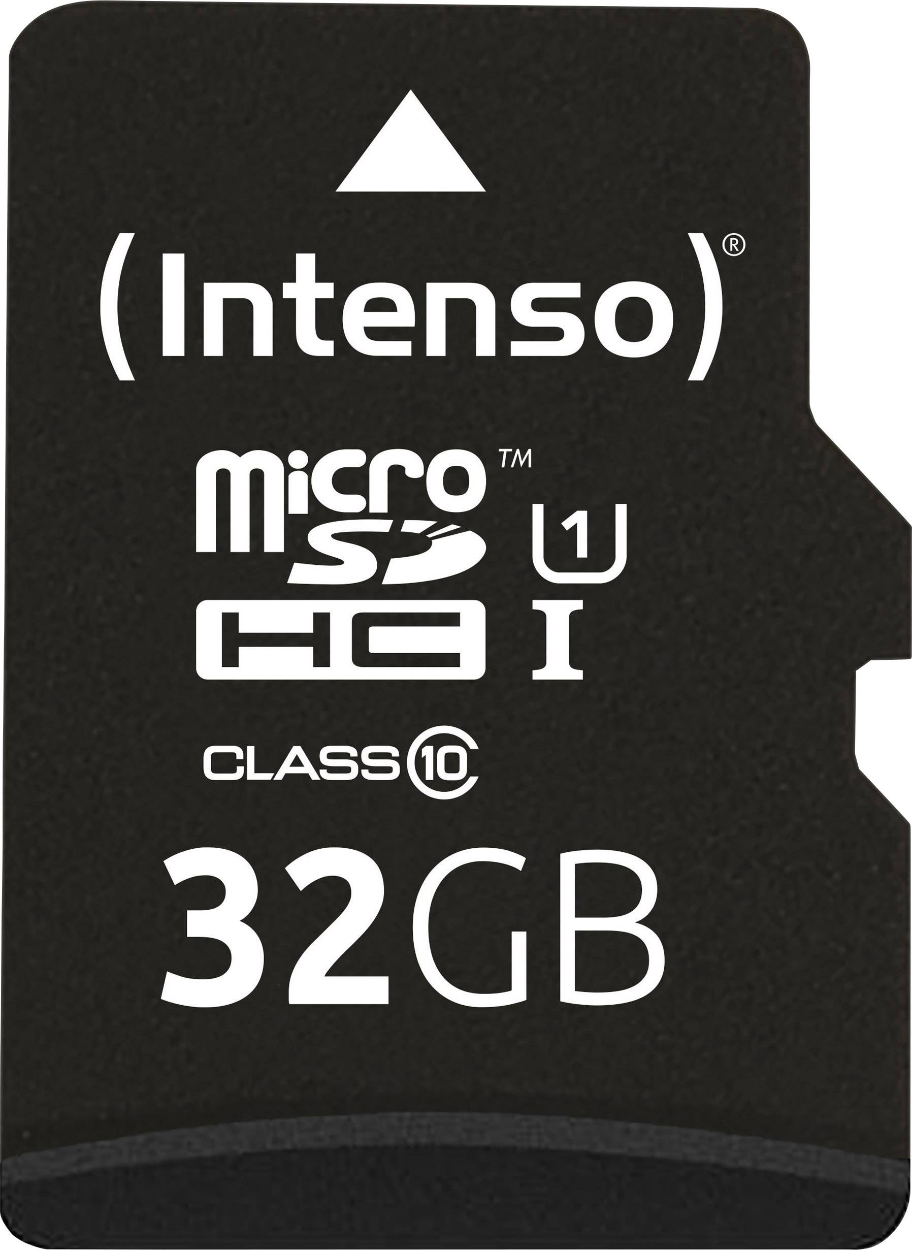Černá mikroSD karta od výrobce Intenso s kapacitou 32 GB, třída 10, kategorie U1.