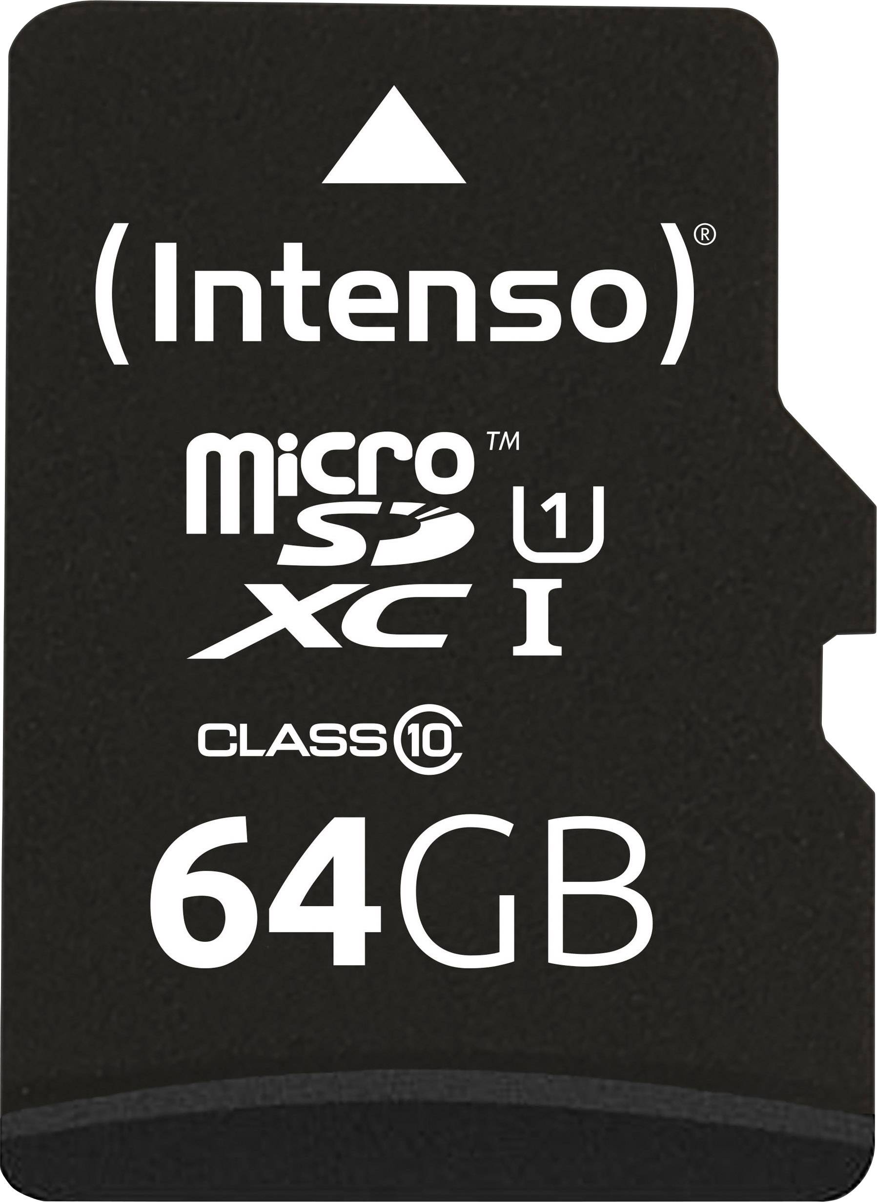 Paměťová karta 'Intenso Micro SDXC U1 Class 10 64GB' v detailním záběru; černý design s bílým písmem.