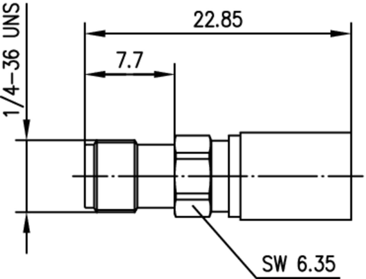 Technický výkres válcové součásti s rozměry: celková délka 22,85 mm, sekce 7,7 mm, označení závitu '1/4-36 UNS'.