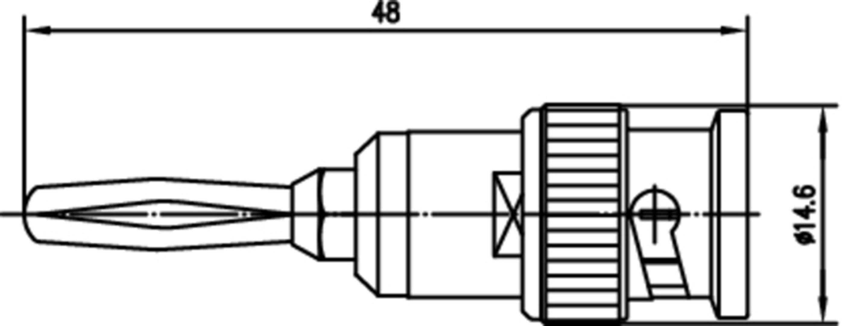 Technický výkres konektoru s rozměry 48 mm délky a 14,6 mm průměru. Detailní boční pohled.
