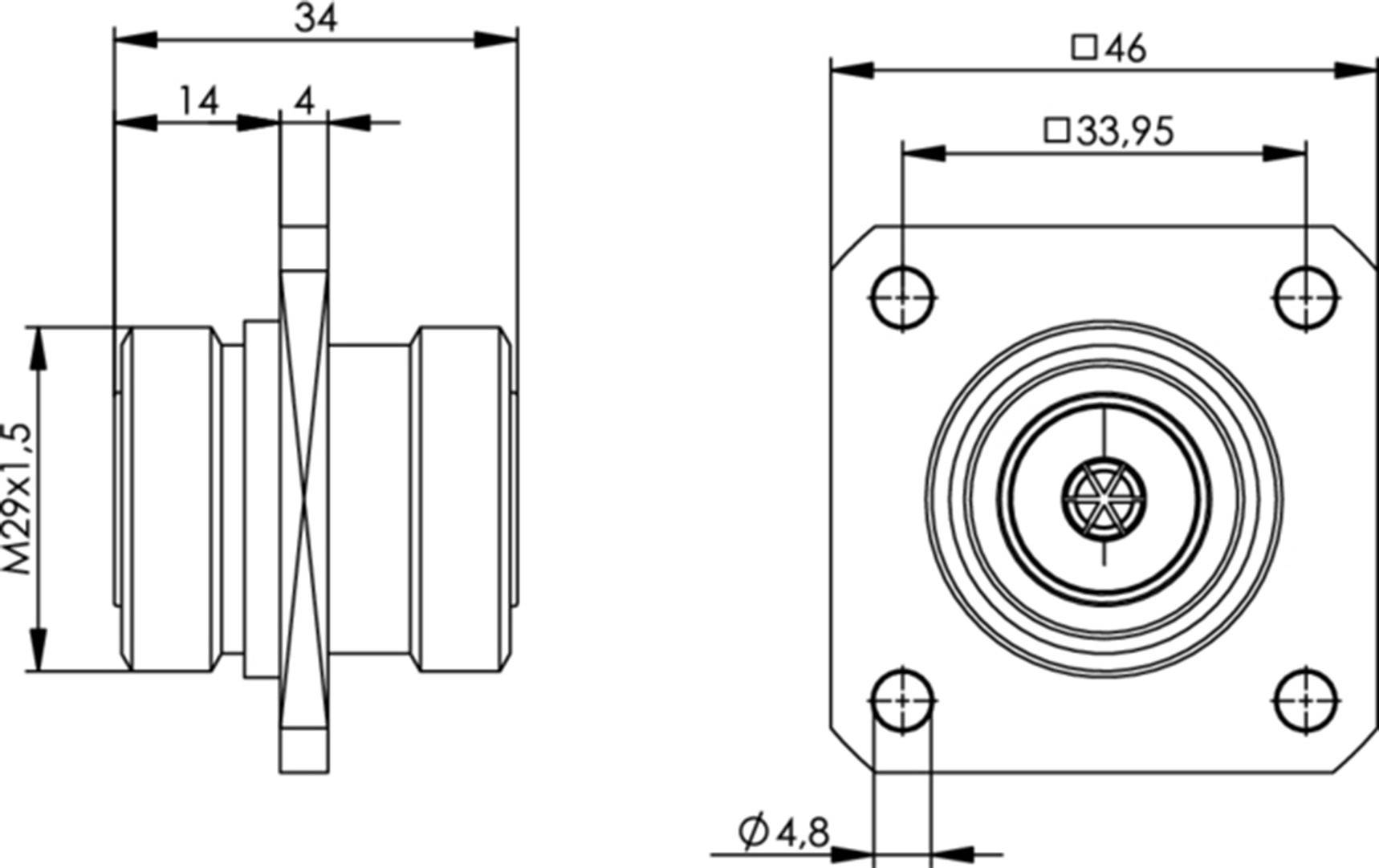 Technický výkres mechanické součásti s rozměry: celková délka 34 mm, závit M29x1,5, čtvercový příruba 46 mm.