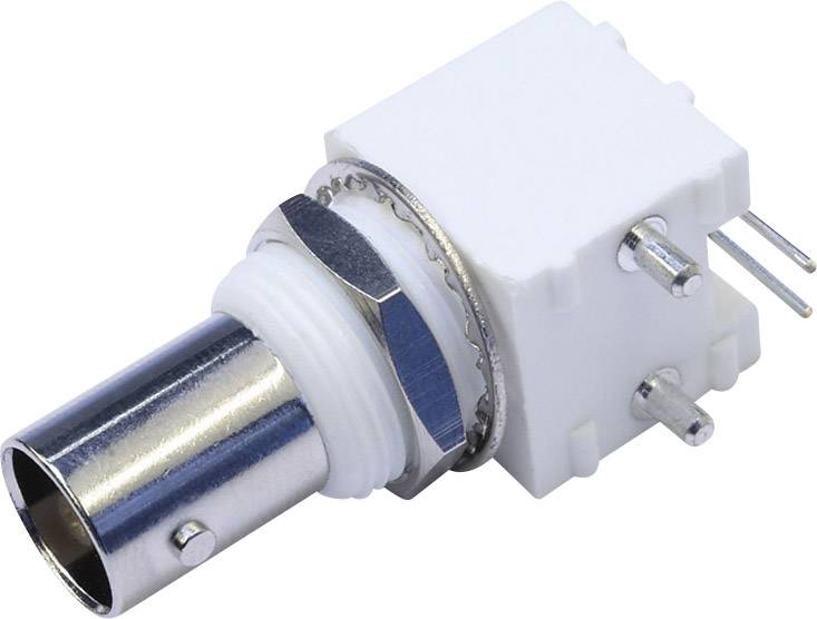 Bílá a stříbrná koaxiální zásuvka s obdélníkovým pouzdrem a kovovými kontaktními kolíky, typický typ elektrického konektoru.