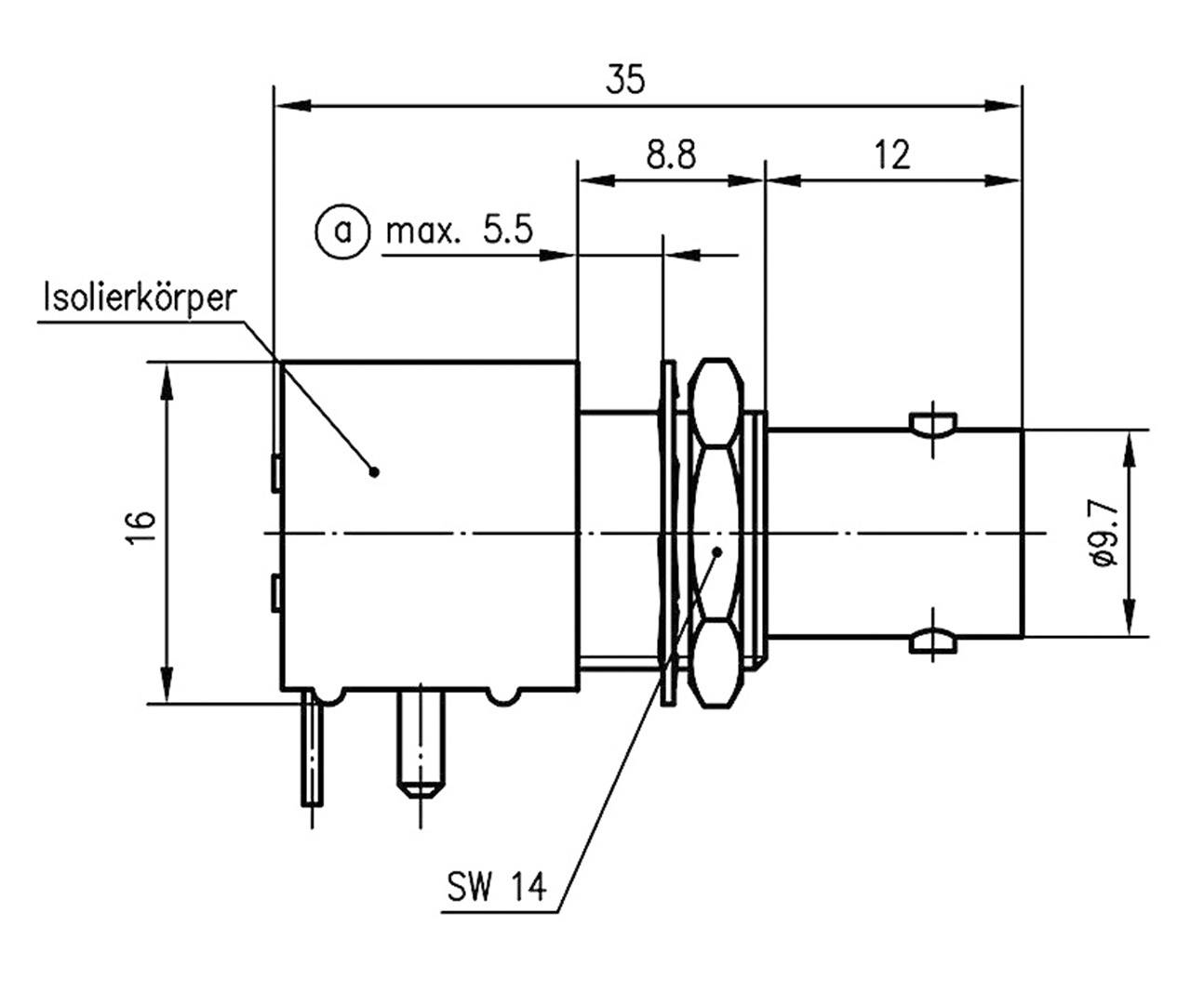 Technický výkres elektrické součástky s rozměry: délka 35 mm, průměr 9,7 mm. Detaily: izolační těleso, SW 14.