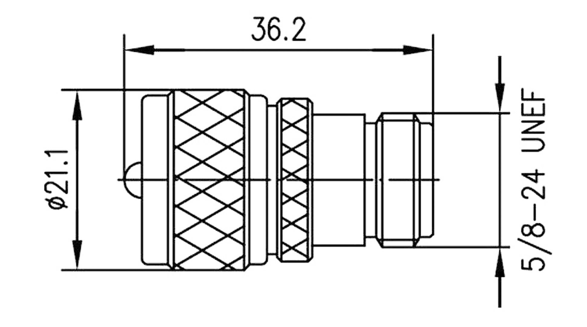 Technický výkres konektoru s rozměry: délka 36,2 mm, průměr 21,1 mm, závit 5/8-24 UNEF.