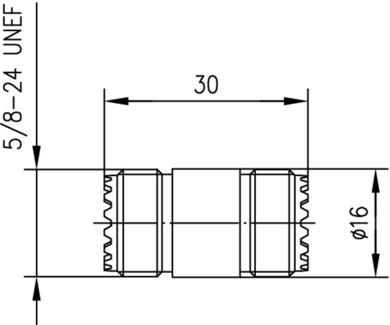 Technický výkres válcového konektoru, délka 30 mm, průměr φ16 mm, závit 5/8-24 UNEF.