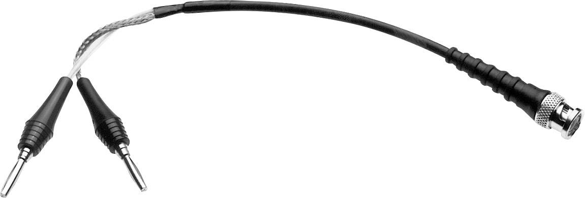 Černý adaptérový kabel s BNC konektorem na jedné straně a dvěma banánkovými konektory na straně druhé.