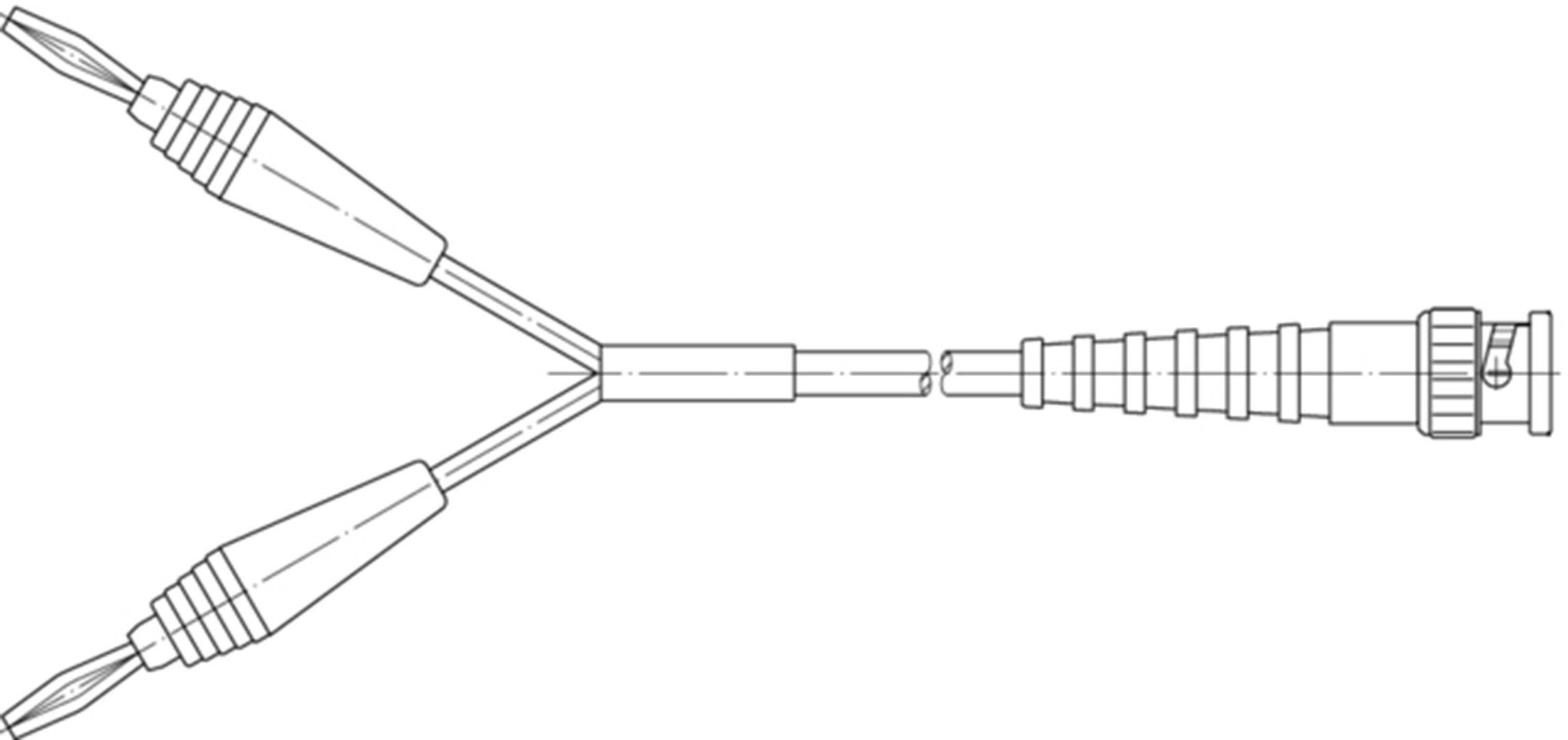 Diagram elektronického kabelu s dvěma rozdělenými konci vlevo a jedním jednotným konektorem vpravo.