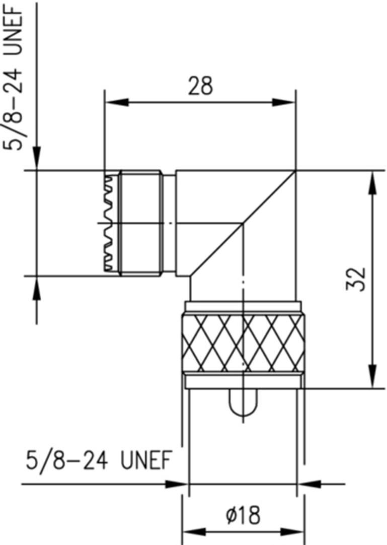 Technický výkres 90stupňového úhlového fitinku se závitovými rozměry 5/8-24 UNEF, celkovými rozměry 28x32 mm a průměrem 18 mm.