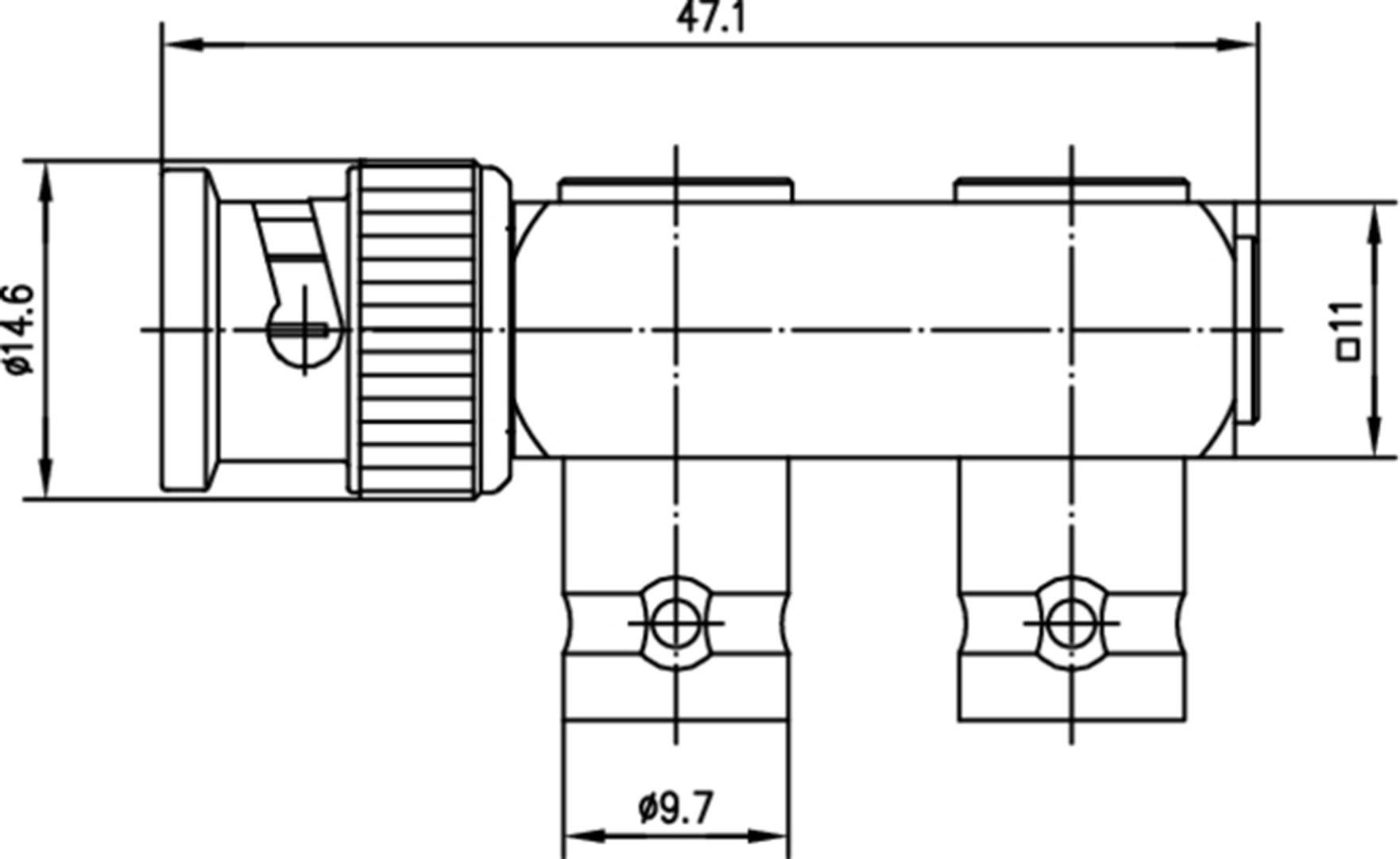 Technický výkres válcové součásti s rozměry: délka 47,1 mm, průměr 14,6 mm, dva úchyty dole.
