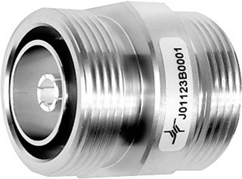 Stříbrný kovový konektor s označením 'J01123B0001' na boku, určený pro průmyslové nebo elektronické aplikace.