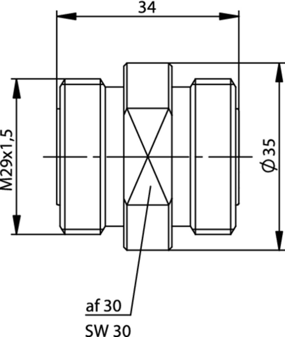 Diagram technické součástky s rozměry: M29x1,5, průměr 35, celková délka 34, velikost klíče 30, klíčový rozměr 30.