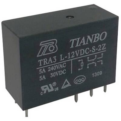 Černé obdélníkové elektronické relé s nápisem 'TIANBO TRA3 L-12VDC-S-2Z', technickými specifikacemi a logy.