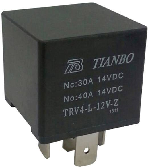 Černé relé s nápisem 30A 14VDC a 40A 14VDC od firmy TIANBO, model TRV4-L-12V-Z, s kovovými kontakty na spodní straně.