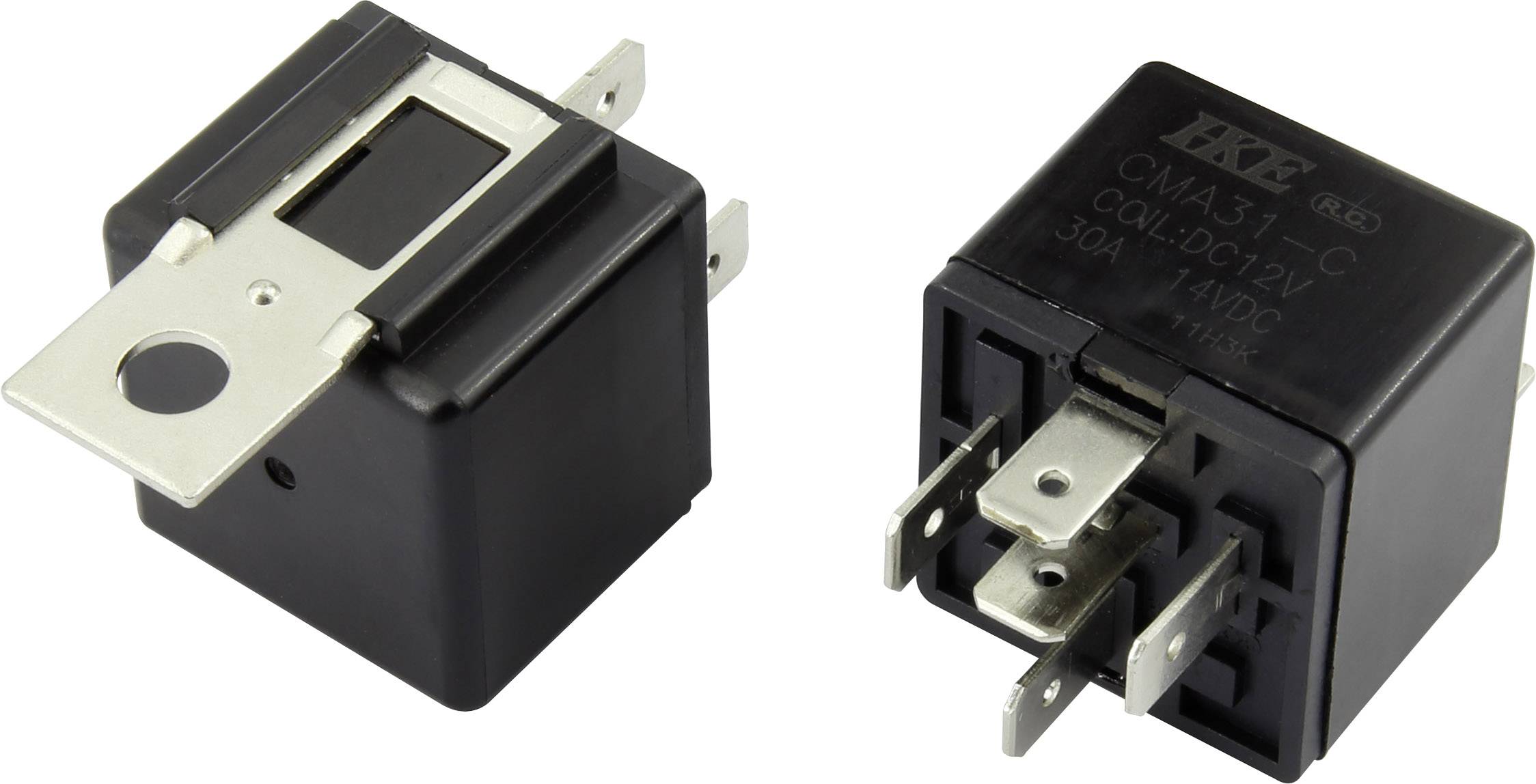 Dva černé elektrické relé, jedno pohledem shora, druhé z boku, s kovovými kontakty a nápisem 'CMA31-C'.