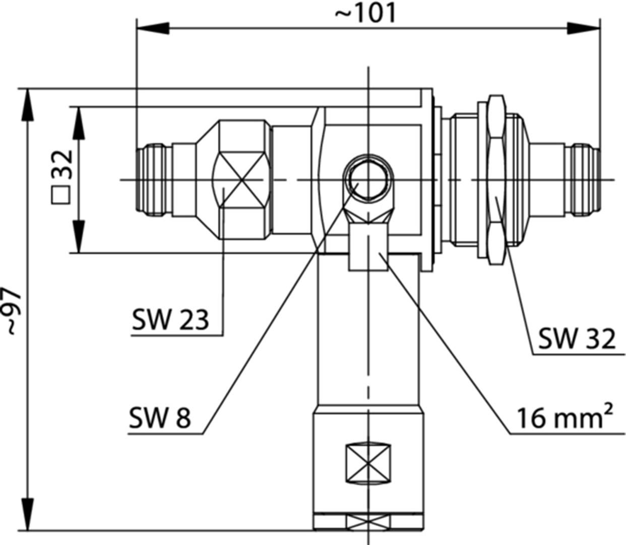 Technický výkres mechanické součásti s rozměry: délka 101 mm, výška 97 mm, šířka 32 mm, velikosti šestihranu SW 23, SW 32, SW 8.