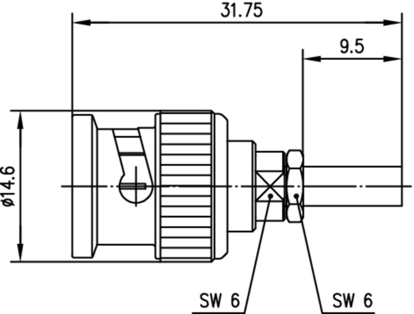 Technický výkres konektoru s rozměry: celková délka 31,75 mm, průměr 14,6 mm, detailní rozměr 9,5 mm. Rozměry v souladu s normou DIN SW 6.