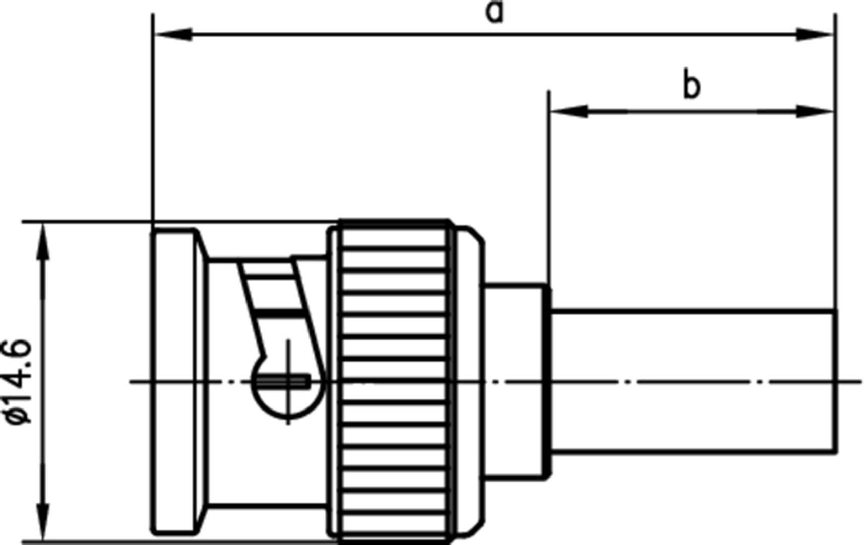 Diagram technického konektoru s popisky; zobrazuje průměr 'ø14,6' a délky 'a' a 'b'.