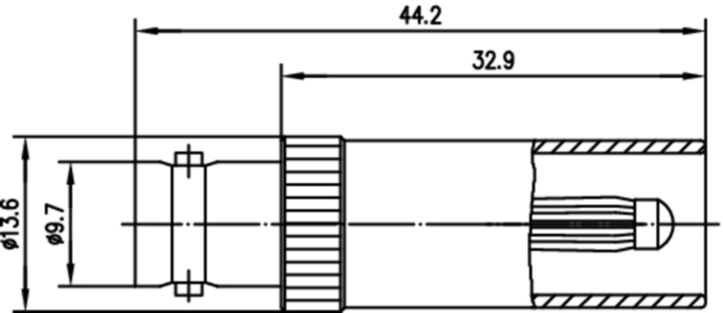 Technický výkres válcového konektoru s rozměry: celková délka 44,2 mm, viditelná délka 32,9 mm, průměr 13,6 mm.