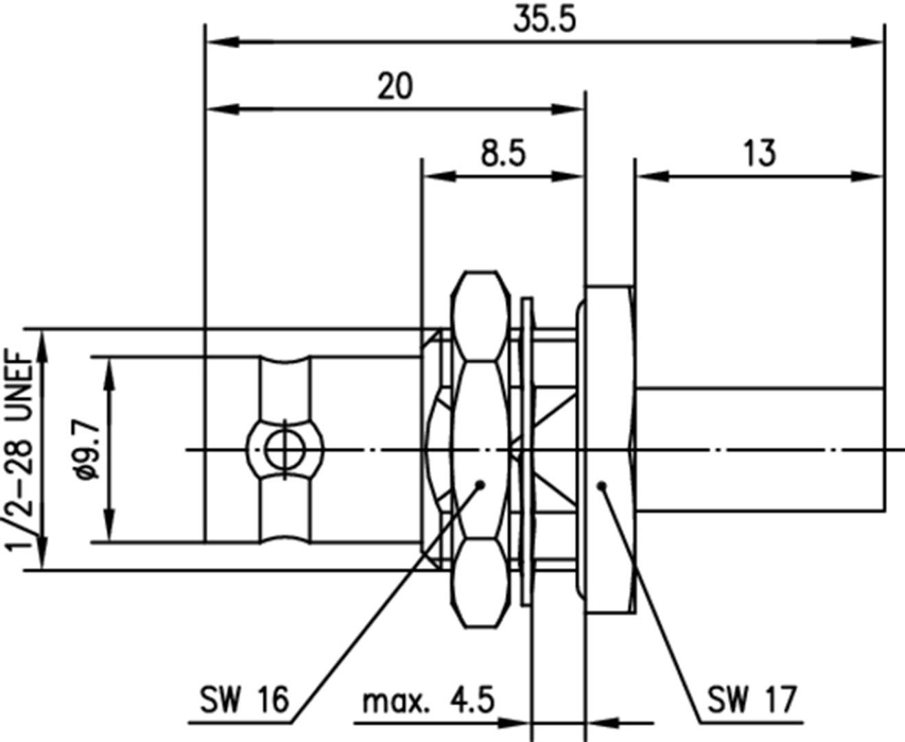 Technický výkres šroubového spoje s hmotnostními údaji: 35,5, 20, 8,5 a 13 mm. Průměr: 9,7 mm. Velikosti klíče: 16 a 17 mm, maximální délka: 4,5 mm.