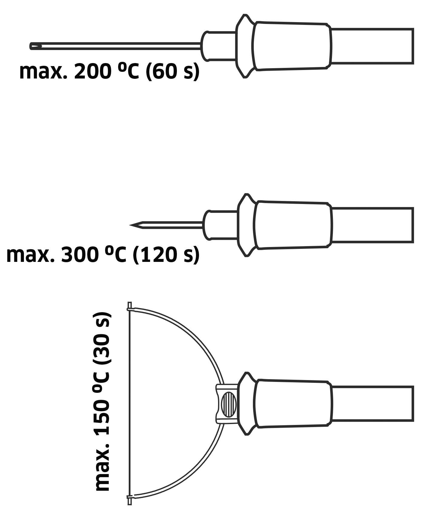 Tři typy pájecích hrotů s maximálními teplotami: 200 °C po dobu 60 sekund, 300 °C po dobu 120 sekund, 150 °C po dobu 30 sekund.