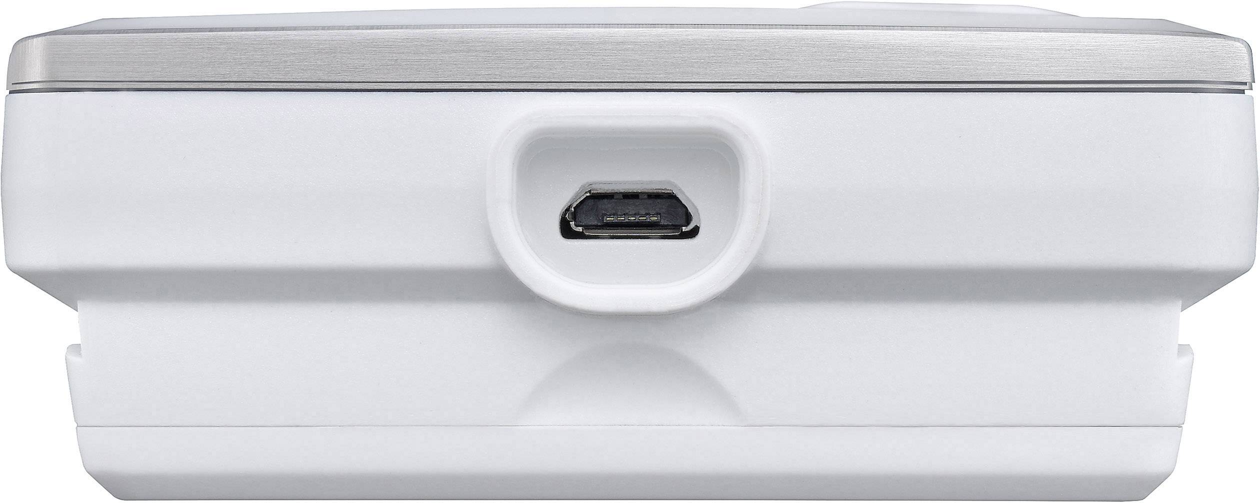 Bílé elektronické zařízení s USB portem uprostřed; pohled na produkt shora.