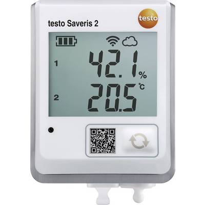 Digitální měřicí přístroj 'testo Saveris 2' ukazuje teplotu 20,5°C a vlhkost vzduchu 42,1%. Jsou viditelné symboly stavu baterie, Wi-Fi a cloudu.